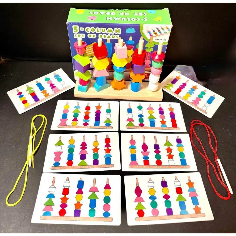 Montessori-style 5-Column Set of Beads wooden shape sorting and sequencing toy